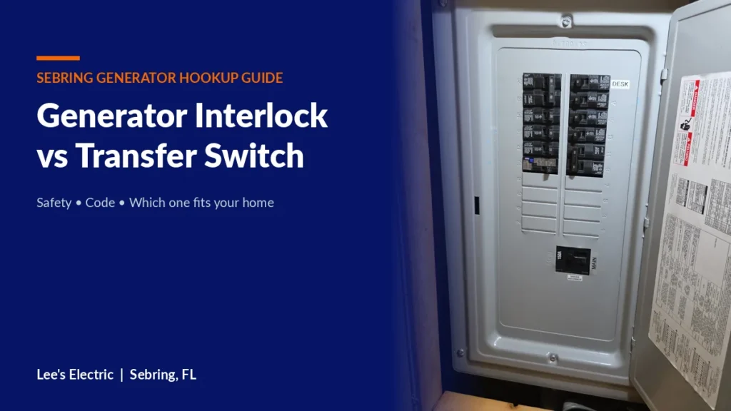 Electrical panel with main breaker in a Sebring home, the spot where a generator interlock is installed