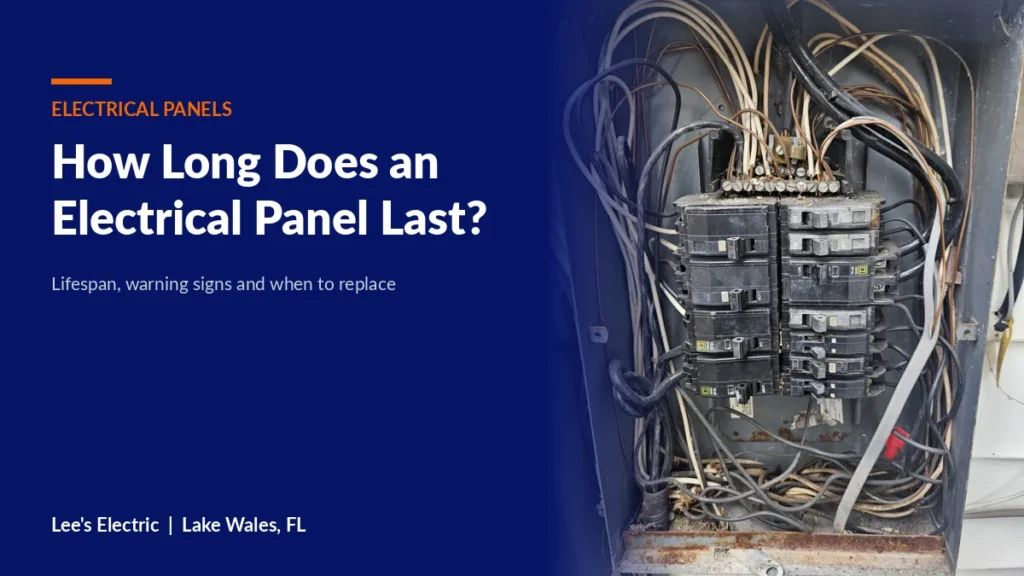 Older electrical panel with crowded wiring in a Polk County home, the kind of panel checked for age and wear