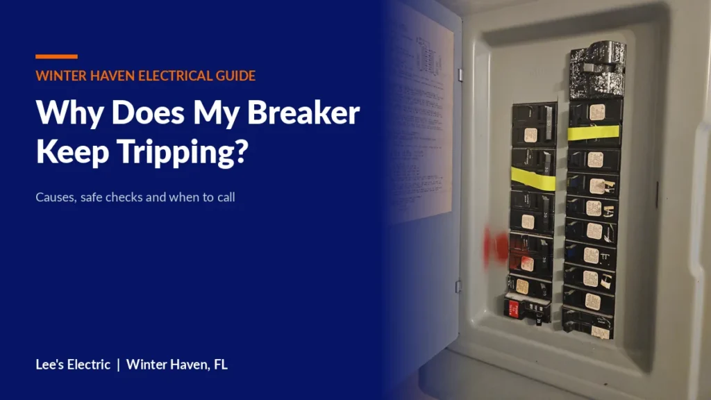 Breaker panel with labeled circuit breakers in a Central Florida home, checked for a breaker that keeps tripping